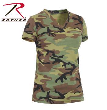 Rothco Long Length Woodland Camo V-Neck T-Shirt for Women